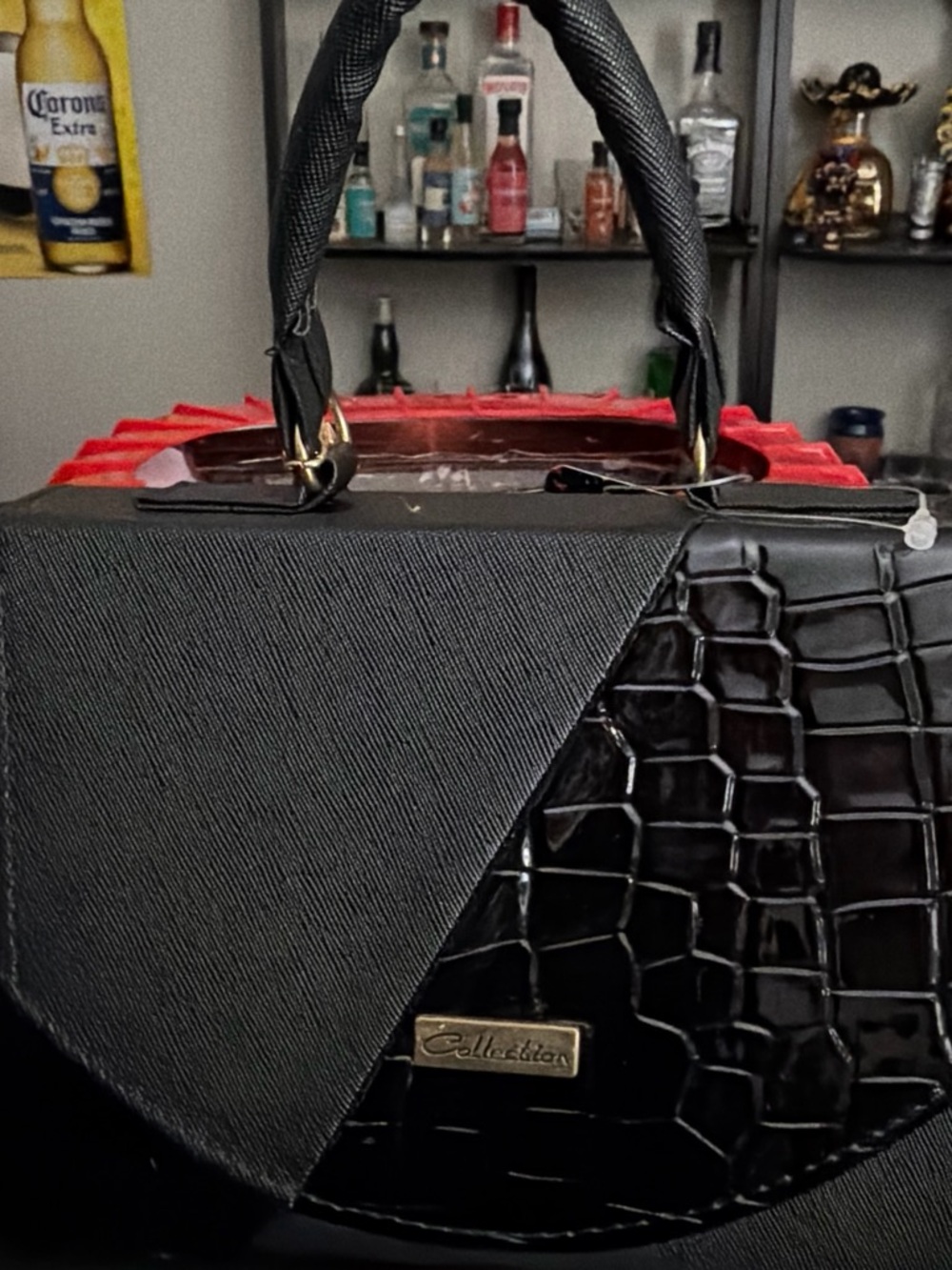 Collection B Black Satchel with Red Trim and Gold Hardware